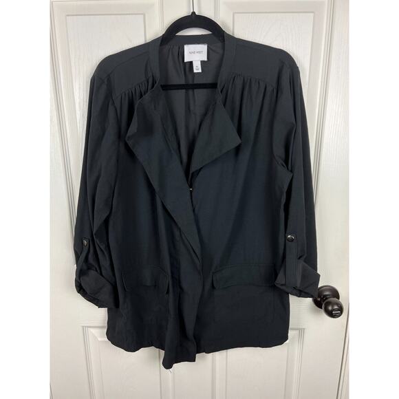 Nine West Black Minimalist Wide Collar Roll Tab Sleeve Asymmetric Jacket XL - Picture 10 of 11
